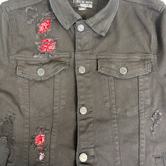 Distressed Black Denim Trucker Jacket "Guerre Et Paix" Red Underlay Grunge L - Picture 6 of 13